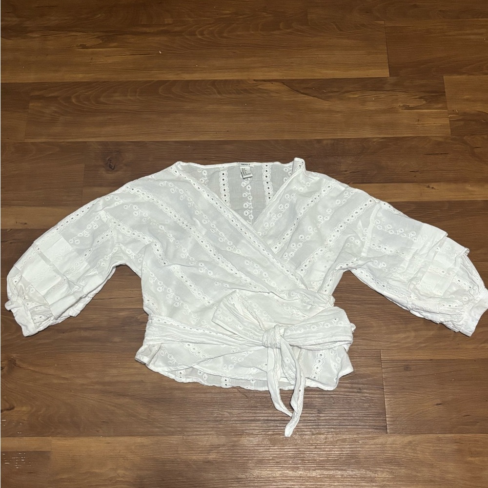 Forever 21 White Puff Sleeve Wrap Blouse